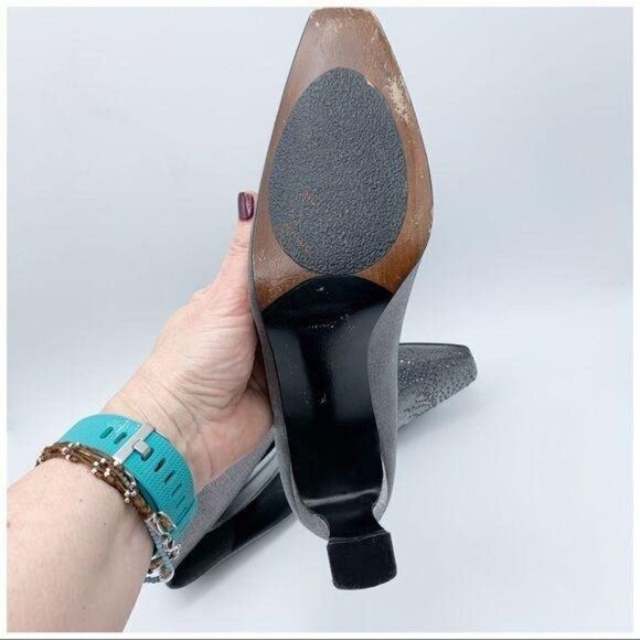 Stuart Weitzman Pewter Fabric Jeweled Evening Heel Pumps Sz‎ 10 Square Toe - Picture 9 of 10